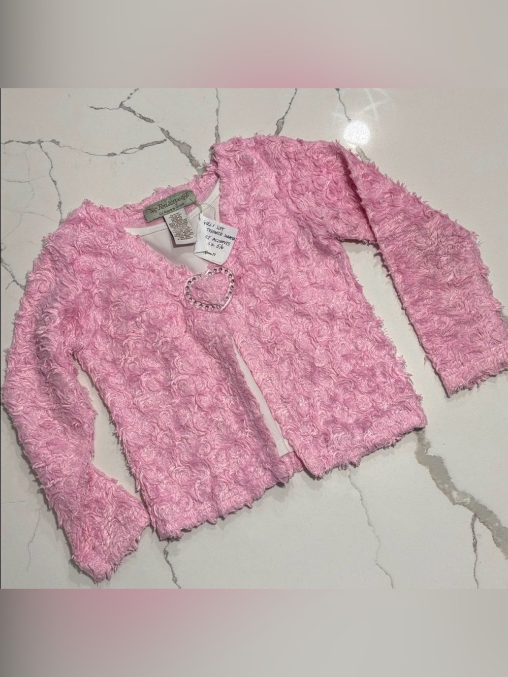 CJ Apparel Girls Fuzzy Pink Soft Fur Heart Long Sleeve Pullover Sweater Size 5/6